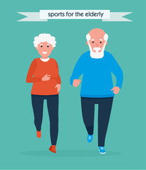 Beautiful senior couple running outside. Active sport concept set. Cartoon flat style illustration isolated