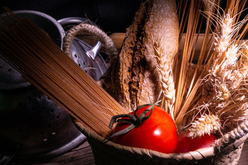 whole grain products with complex carbohydrates on rustic background
