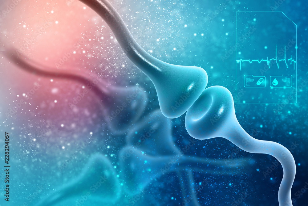 Poster synapse and neuron cells sending electrical chemical signals. 3d rendering
