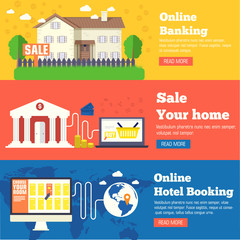 flat set of social business travel, online banking, parking and sale house banners design. Vector backgrounds concepts