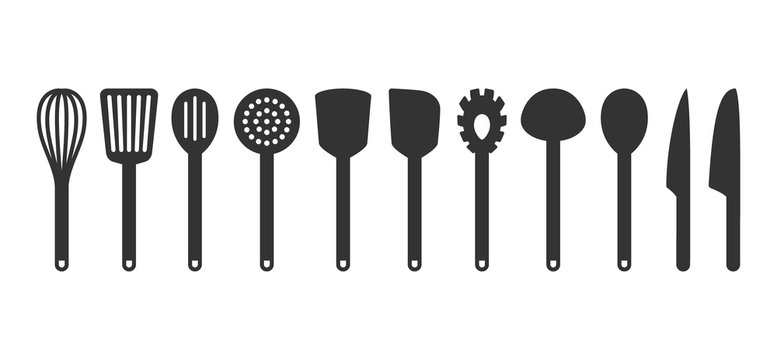 Cooking utensil set of tools. Kitchen tools black isolated vector icons. Slotted turner, spoon, knives, whisk, pasta server icons.