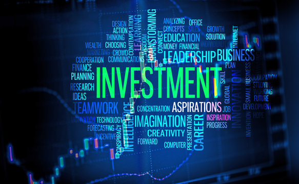 Finance and investment background, business word cloud over trade chart screen