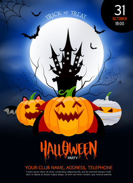 Funny cute cartoon pumpkin character. Dracula, bat and mummy in moon night.  Trick or treat, happy Halloween concept. Design for banner, poster, greeting card. Illustration.