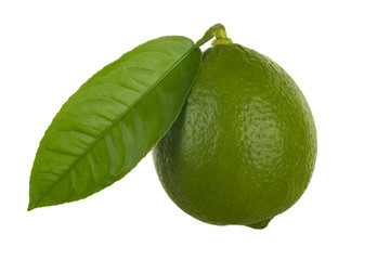 green fresh lime with green leaf  isolated on white