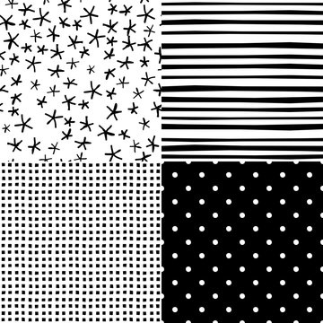Set of simple hand drawn patterns: stars, stripes, polka dot, squares