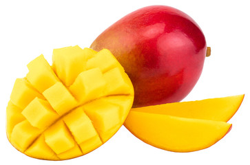 Mango fruit with mango cubes and slices. Isolated on a white background