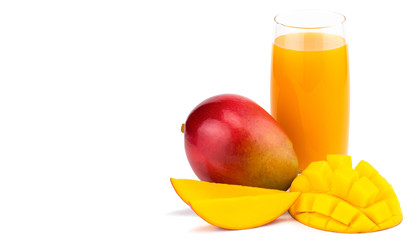 mango juice with mango slice isolated on white background. glass of mango juice