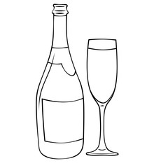 Сontour Illustration of  bottle of champagne with glass on white background. Postcard, stickers and logo design.