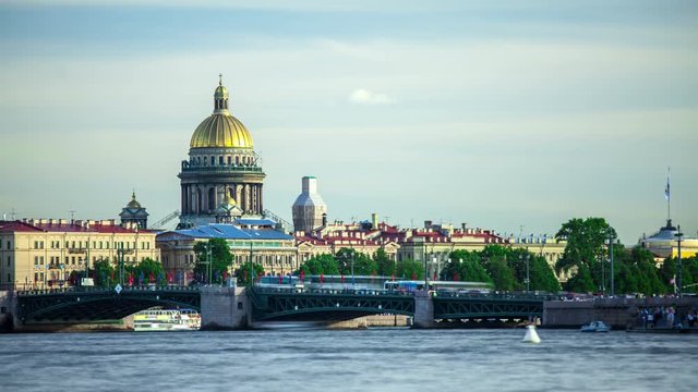 View on the Neva river and St Isaac's Cathedral. Shot in Saint-Petersburg. Timelapse.