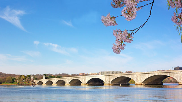 Arlington Memorial Bridge across Potomac River during cherry blossom season. River panorama in Washington DC and a view on Arlington suburb in Virginia, USA.