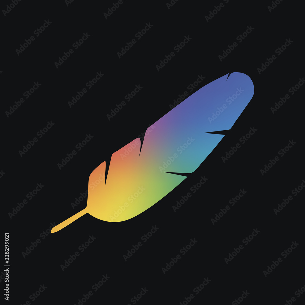 Poster simple icon of feather. rainbow color and dark background