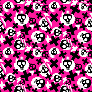 Punk seamless pattern with grunge bold painted  funky skulls.