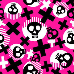 Punk seamless pattern with grunge bold painted  funky skulls.
