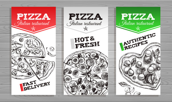 Design template for Italian restaurant. Cards with ink hand drawn pizzas on a wooden background. Vector illustration.