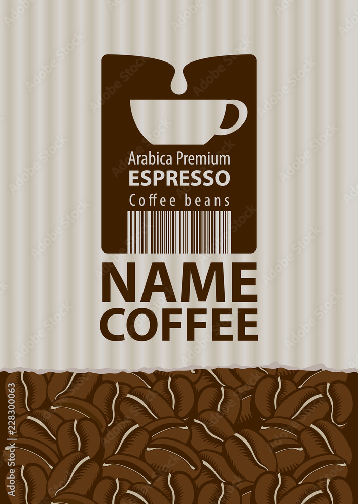 Poster vector label for coffee beans with cup and barcode in retro style on background with coffee beans. e