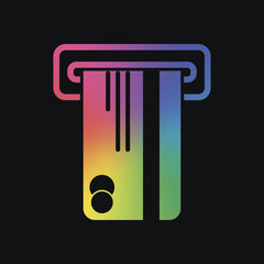 ATM machine and credit card icon. Rainbow color and dark backgro