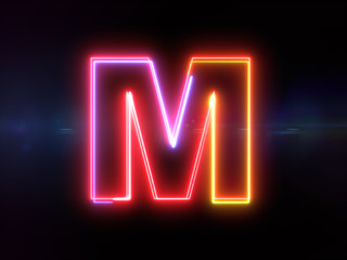 Letter M - colorful glowing outline alphabet symbol on blue lens flare dark background