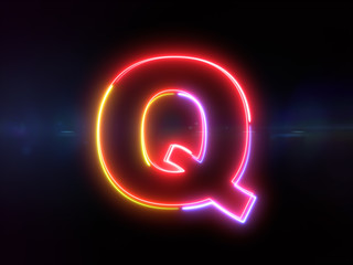 Letter Q - colorful glowing outline alphabet symbol on blue lens flare dark background
