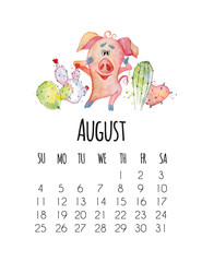 Mounthly calendar for 2019 new year with watercolor cute pigs August