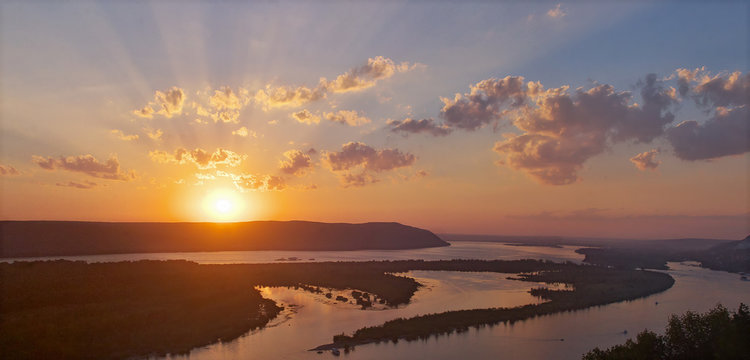 Autumn sunset in the mountains of Zhiguli , on the Volga river