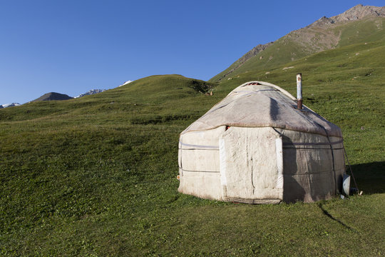 Kyrgyz yurt on grassy landscape near Kol Ukok Lake