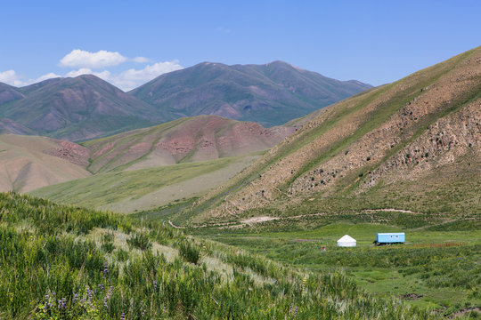 Caravan, Yurt and Landscape of the Kochkor Valley, in the Tian Shan Mountains, Kyrgyzstan