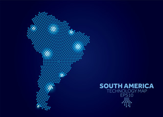 South America dotted technology map. Modern data communication concept