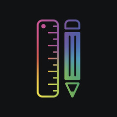simple symbol of ruler and pencil. Rainbow color and dark backgr