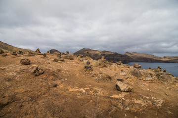 The beautiful and unusual Martian landscape of the popular trekking, hiking and walking trail on the Madeira island - the most eastern point Ponta de Sao Lourenco