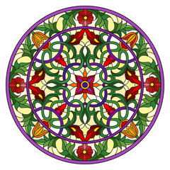 Illustration in stained glass style, round mirror image with floral ornaments and swirls,bright flowers on yellow background