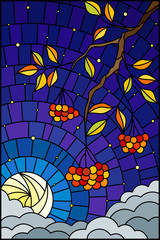 Illustration in stained glass style with a branch of mountain ash, clusters of berries and leaves against the starry sky with moon  and clouds , vertical image