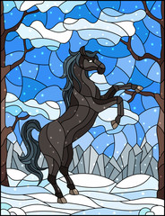 Illustration in stained glass style with wild horse on the background of trees, mountains and sky,winter landscape