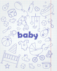Icons set of patches on the topic of childhood and newborn , simple contour icons, blue  contour  icons on the clean writing-book page in a cage
