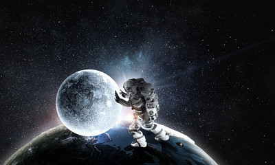 Obraz na płótnie Canvas Spaceman and his mission. Mixed media