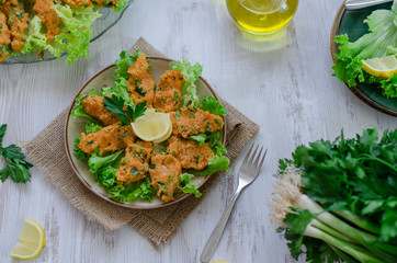 Turkish traditional food, lentil balls with fresh herbs,