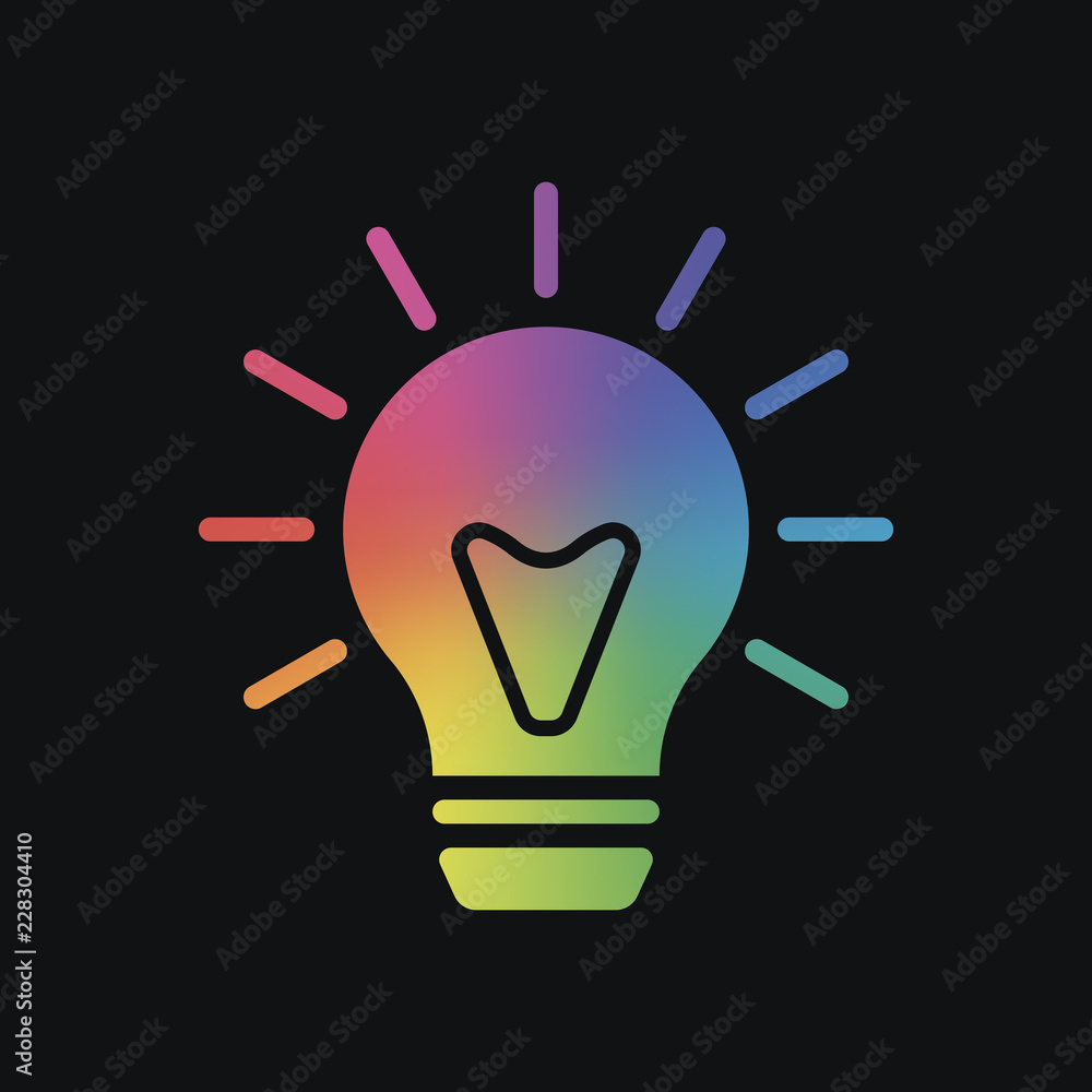Poster old bulb with light. simple single icon. rainbow color and dark