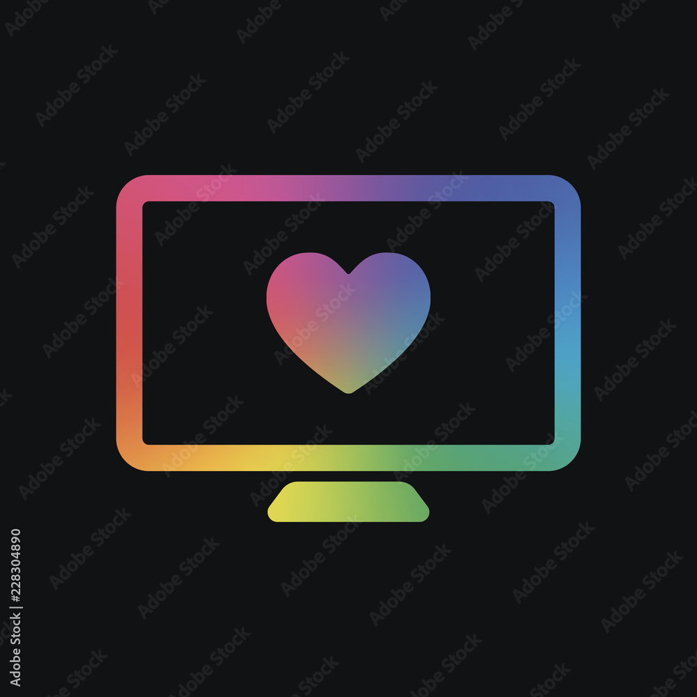 Poster computer and heard. simple icon. rainbow color and dark background