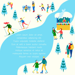 Winter background with people walking outdoors in park.