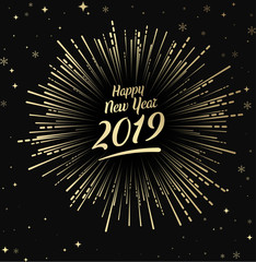 Happy 2019 New Year card with gold firework.