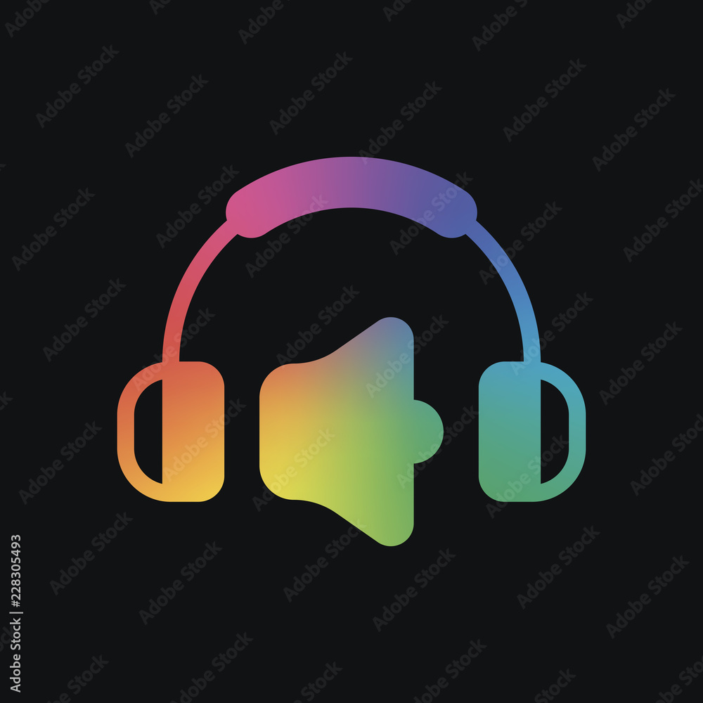 Poster headphones and volume level. max volume level. simple icon. rainbow color and dark background