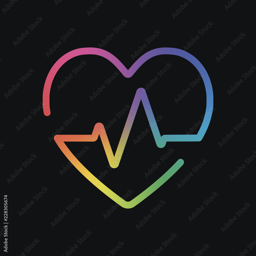 Aufkleber heart and pulse line. one line style. linear icon with thin outline. rainbow color and dark backgrou