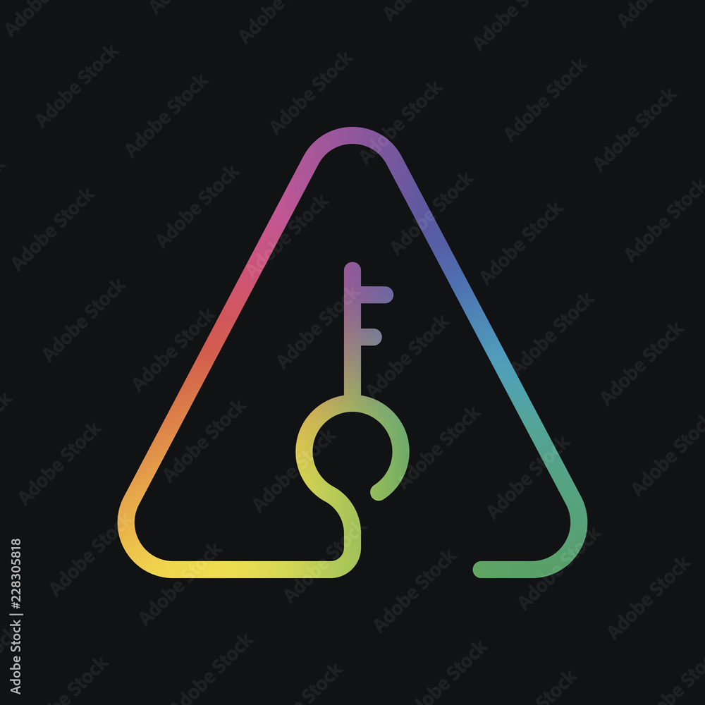Poster key in warning triangle. linear icon with thin outline. one line style. rainbow color and dark backg