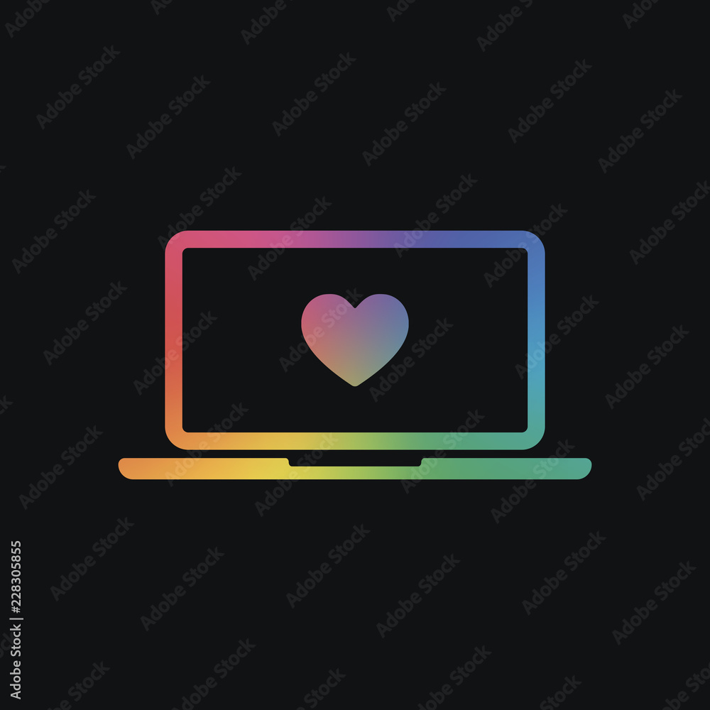 Poster laptop or notebook computer with heart on screen. simple icon. rainbow color and dark background