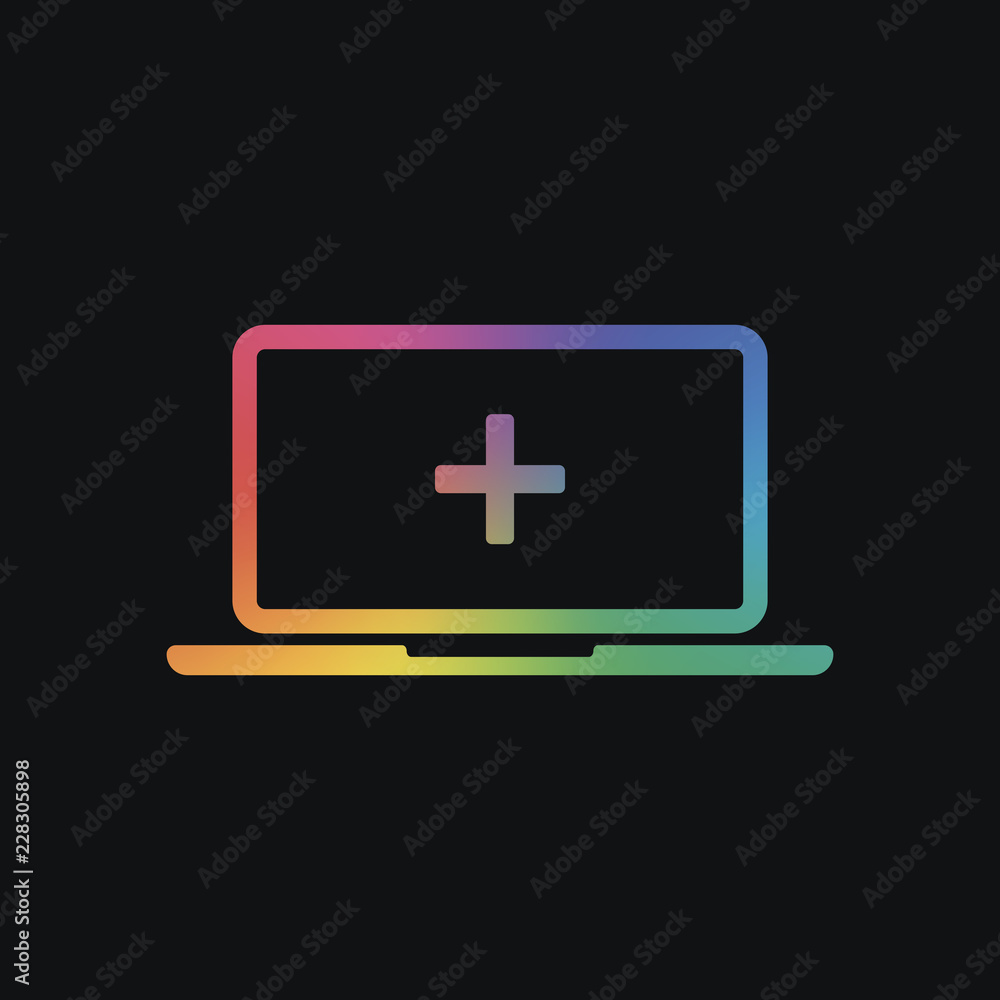 Poster laptop or notebook computer with medical cross on screen. simple icon. rainbow color and dark backgr