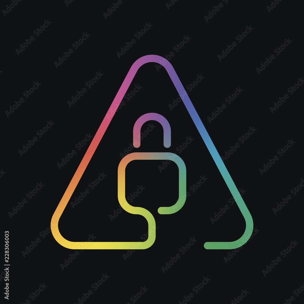 Poster lock in warning triangle. linear icon with thin outline. one line style. rainbow color and dark back