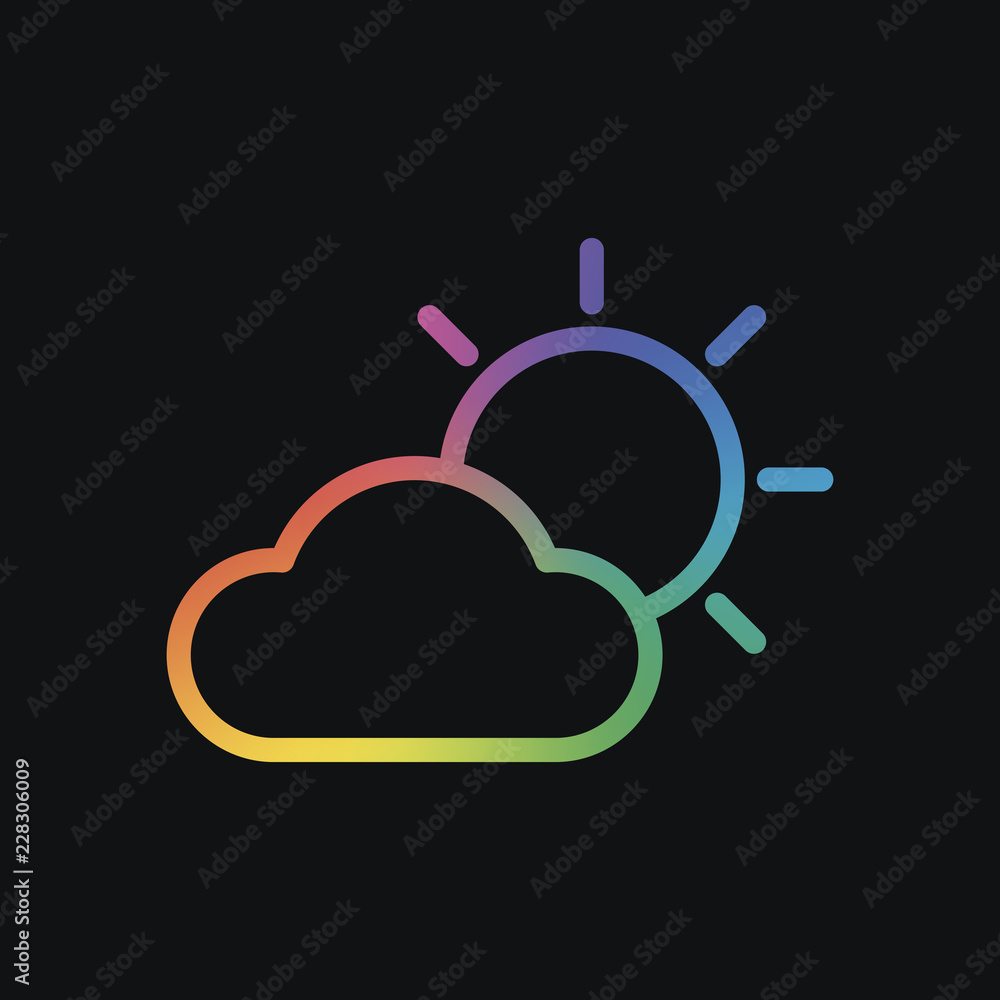 Aufkleber sun and cloud. weather symbol. linear icon with thin outline. rainbow color and dark background