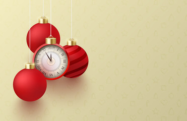 Happy New Year 2019 background with clock and red Christmas balls.
