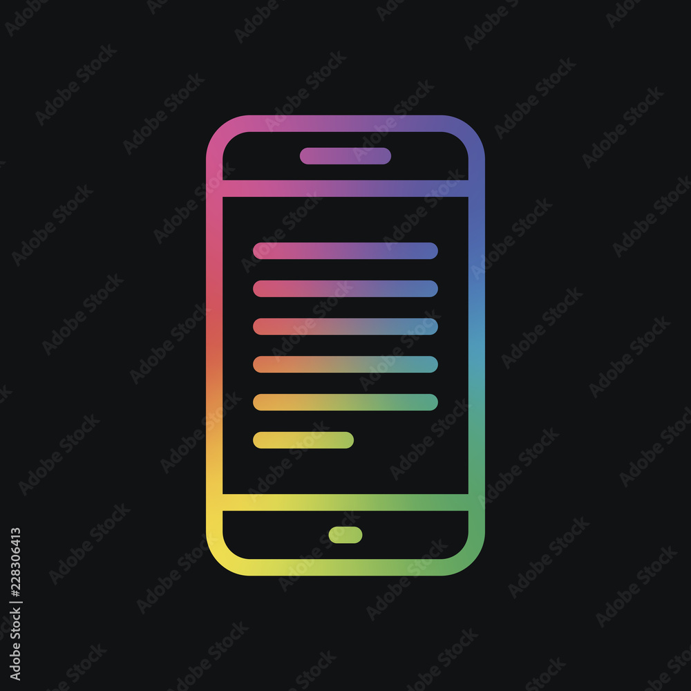 Poster mobile phone with text on screen. simple linear icon with thin outline. rainbow color and dark backg