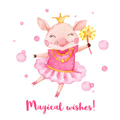 Watercolor Greeting card with cute ballerina pig.