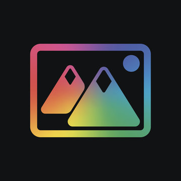 Picture with couple of mountains and sun. Simple icon. Rainbow color and dark background